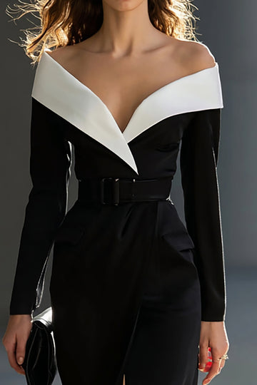 Off The Shoulder Black and White Pencil Work Dress With Slit